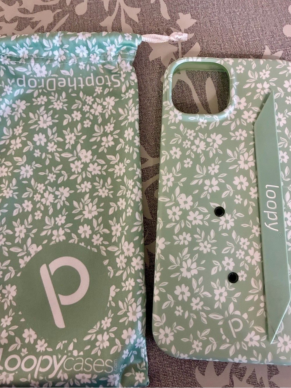 Loopy Case Mint Green Floral Phone Case with Matching Strap and Pouch